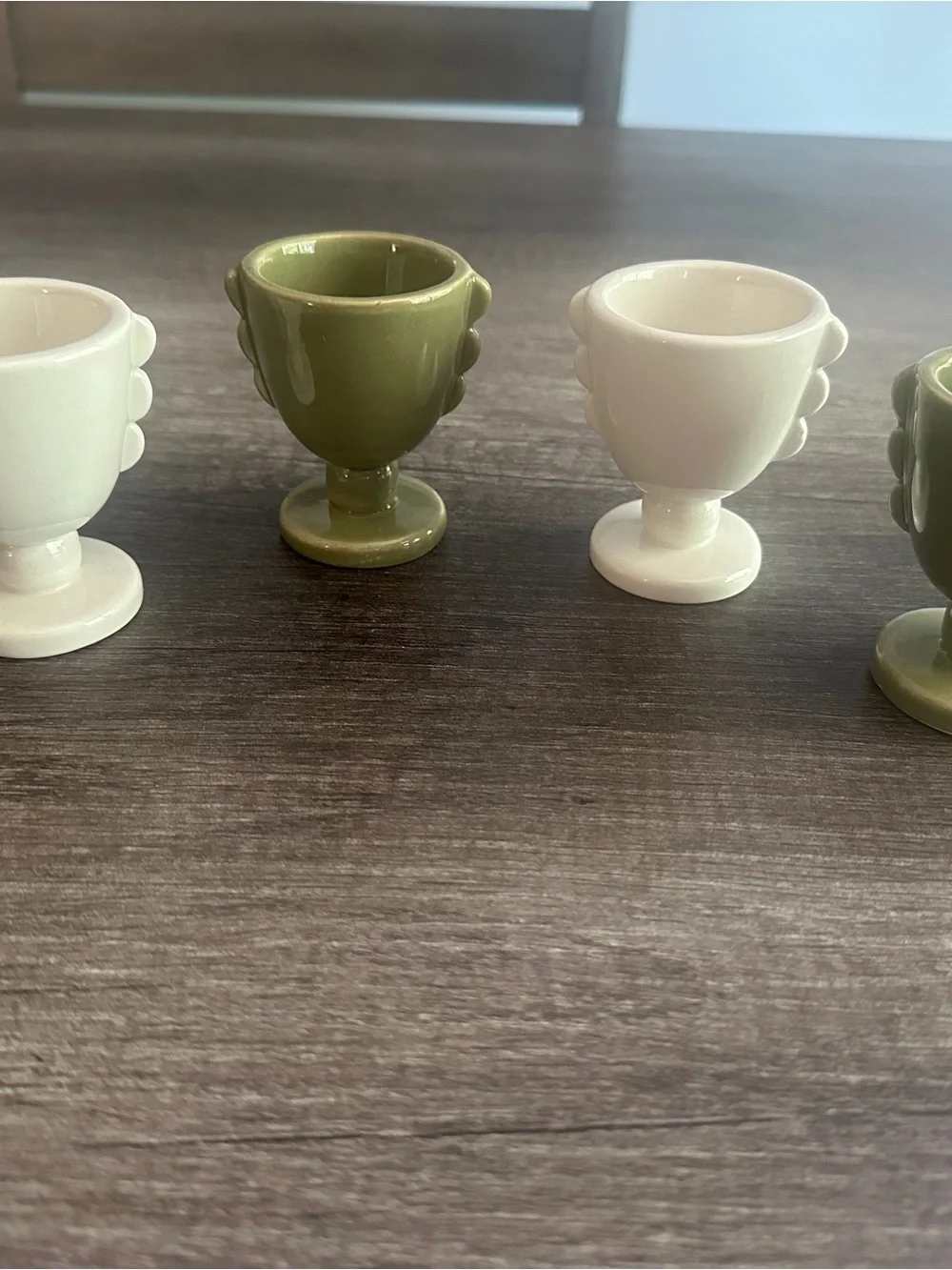 Set of 4 Ceramic Egg Cups, Green & White, Pedestal Round Glossy Finish